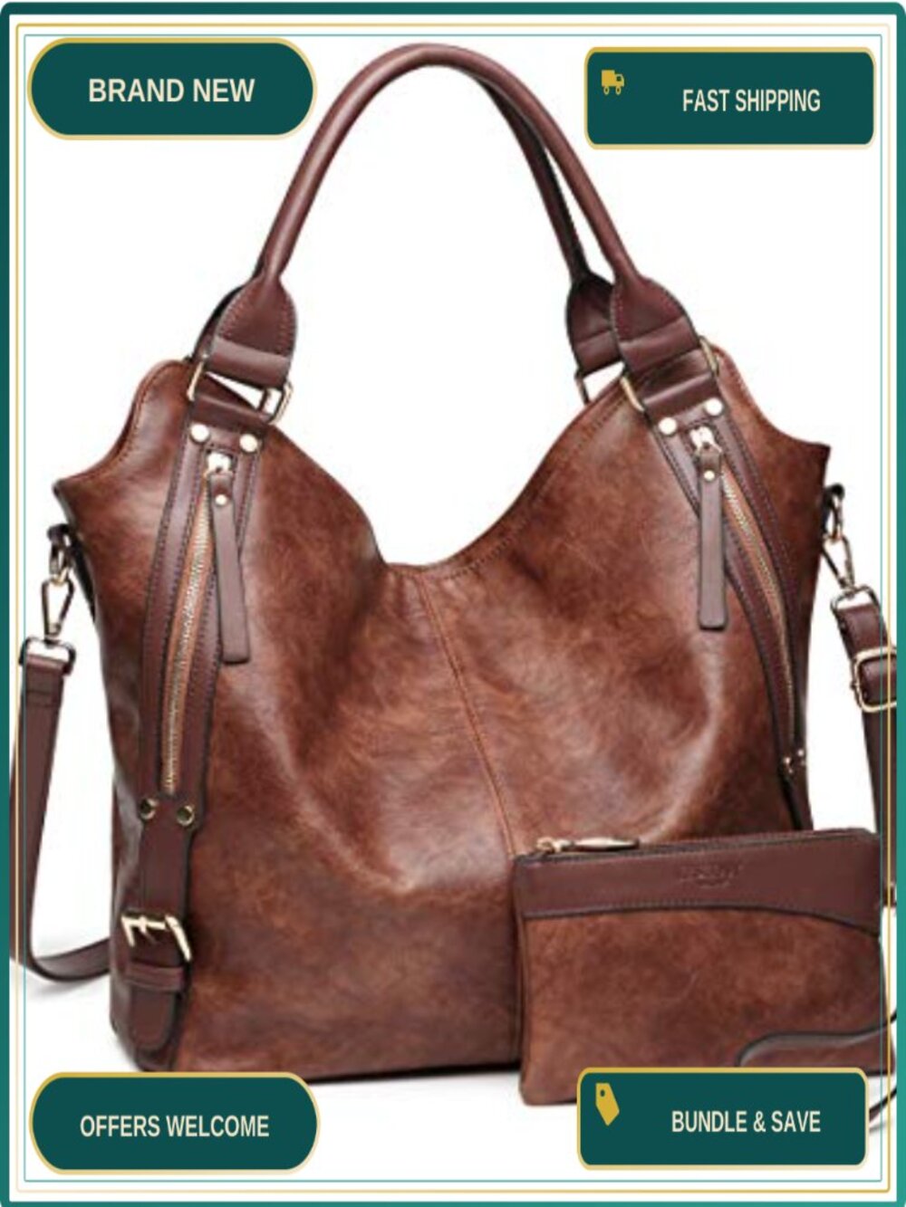 PU Leather Hobo Tote Bag with Adjustable Strap and Wallet Clutch
